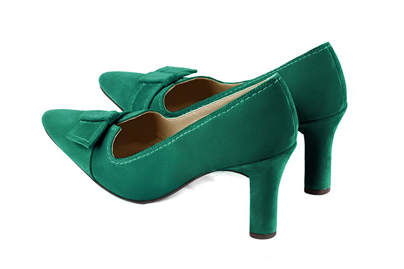 Emerald green women's dress pumps, with a knot on the front. Tapered toe. High kitten heels. Rear view - Florence KOOIJMAN